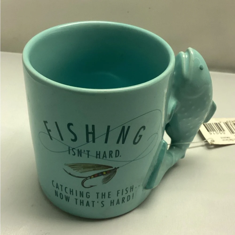 Hallmark Teal Ceramic Mug with Fish Handle and Fishing Graphic
